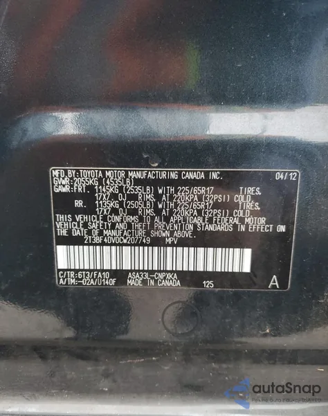 2012 Toyota Rav4 из США, поврежденный, VIN 2T3BF4DV0CW207749